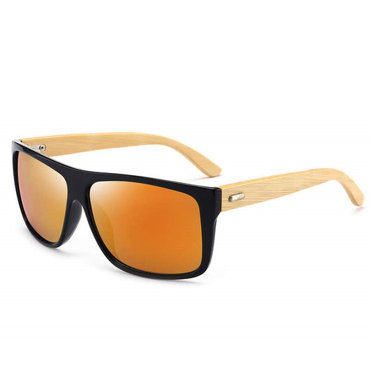 Mens Bamboo Sunglasses Glases Wholesale Top Flat Rectangle Placitc Frame with Wooden Temple Wholesale