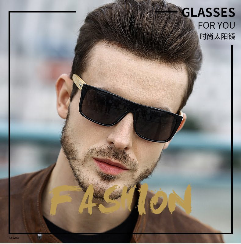 Mens Bamboo Sunglasses Glases Wholesale Top Flat Rectangle Placitc Frame with Wooden Temple Wholesale