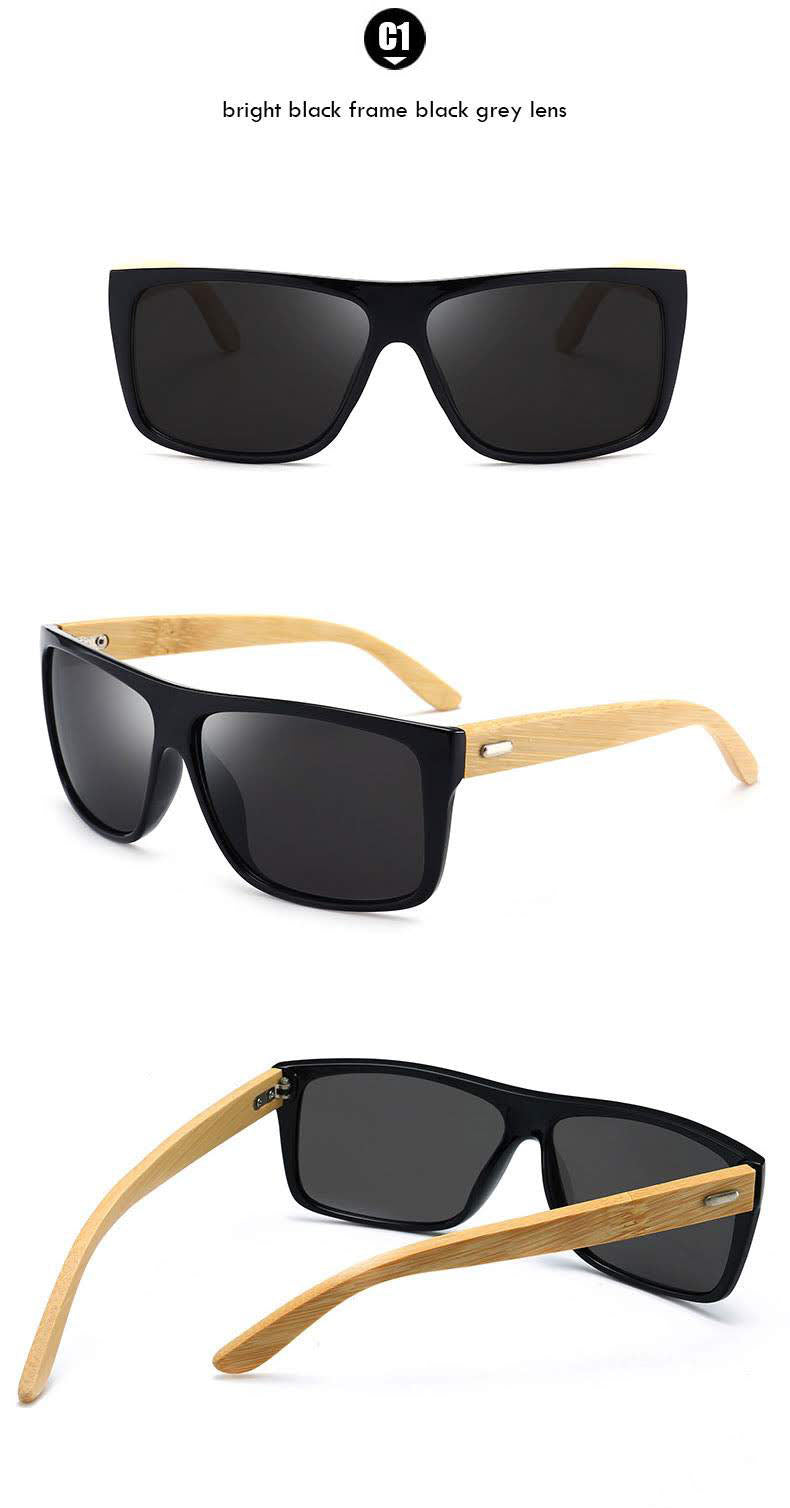 Mens Bamboo Sunglasses Glases Wholesale Top Flat Rectangle Placitc Frame with Wooden Temple Wholesale