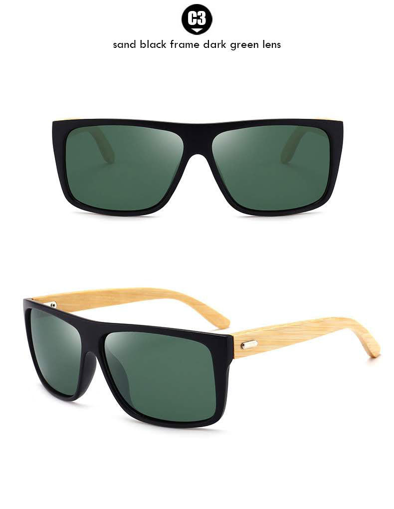 Mens Bamboo Sunglasses Glases Wholesale Top Flat Rectangle Placitc Frame with Wooden Temple Wholesale